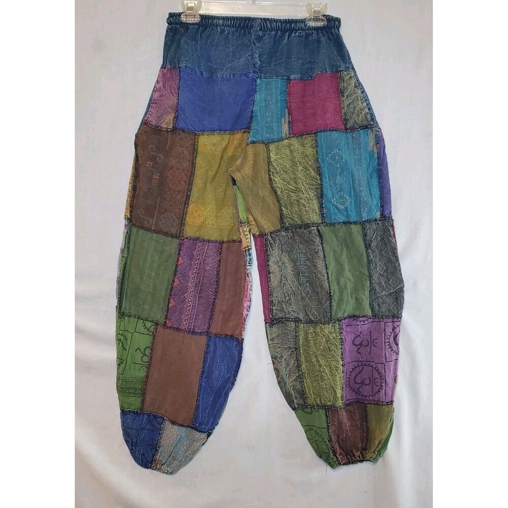 Parava Clothing Pandora Blue Mixed Patchwork Harem Hippie Pants Womens Sz M